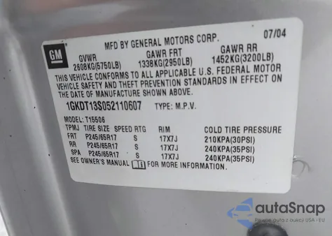 2005 GMC Envoy Sle z USA, uszkodzony, nr VIN 1GKDT13S052110607